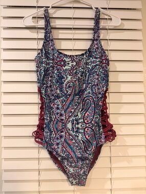 a.n.a Teal Paisley One-Piece Swimsuit with Burgundy Side Lattice